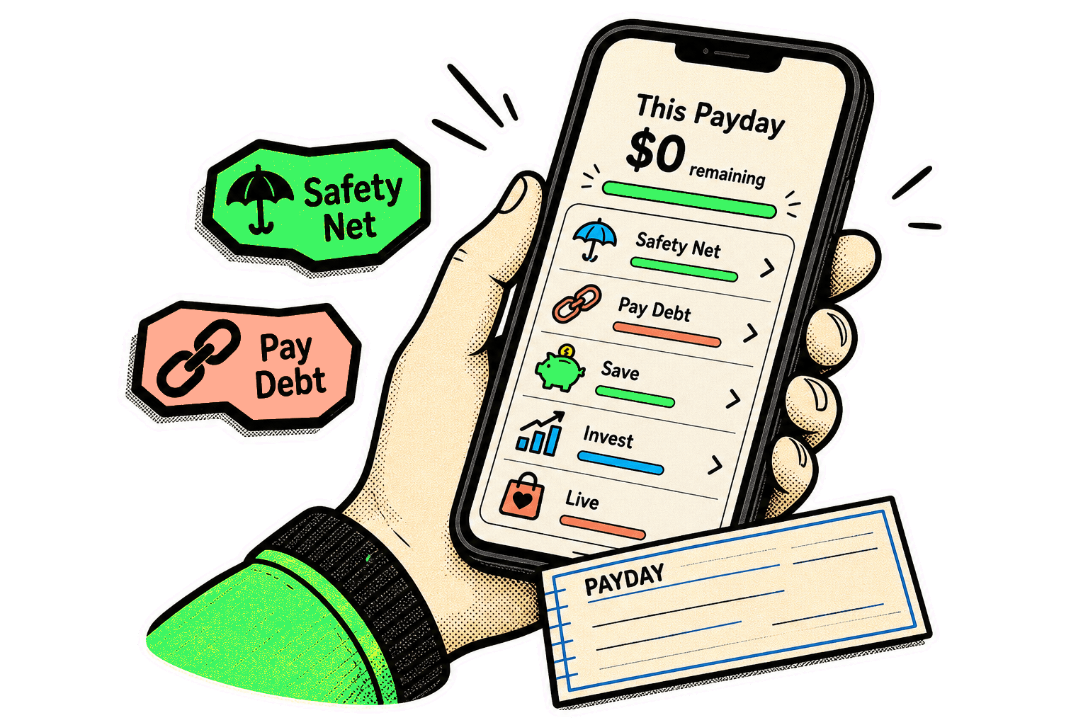 Hand using the Payday Audit app to assign every dollar